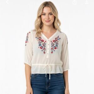 Vintage America Embroidered Top XL | Ivory Boho Cottagecore Lace Drawstring